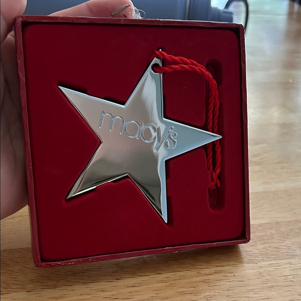 Macy's Shiny Silver Star Ornament with Red Cord